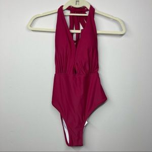 NWT Cupshe Red Pink Deep V-Neck One Piece Swimsuit Size Small